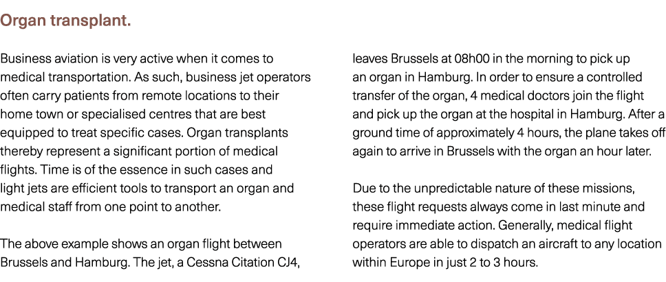 Organ transplant. Business aviation is very active when it comes to medical transportation. As such, business jet ope...