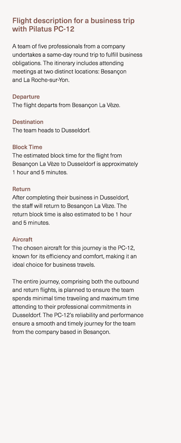  Flight description for a business trip with Pilatus PC-12 A team of five professionals from a company undertakes a s...