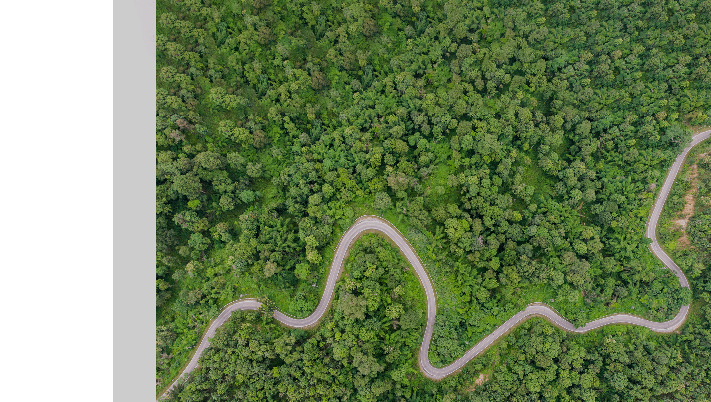 Aerial view of countryside road passing through the green forrest and mountain