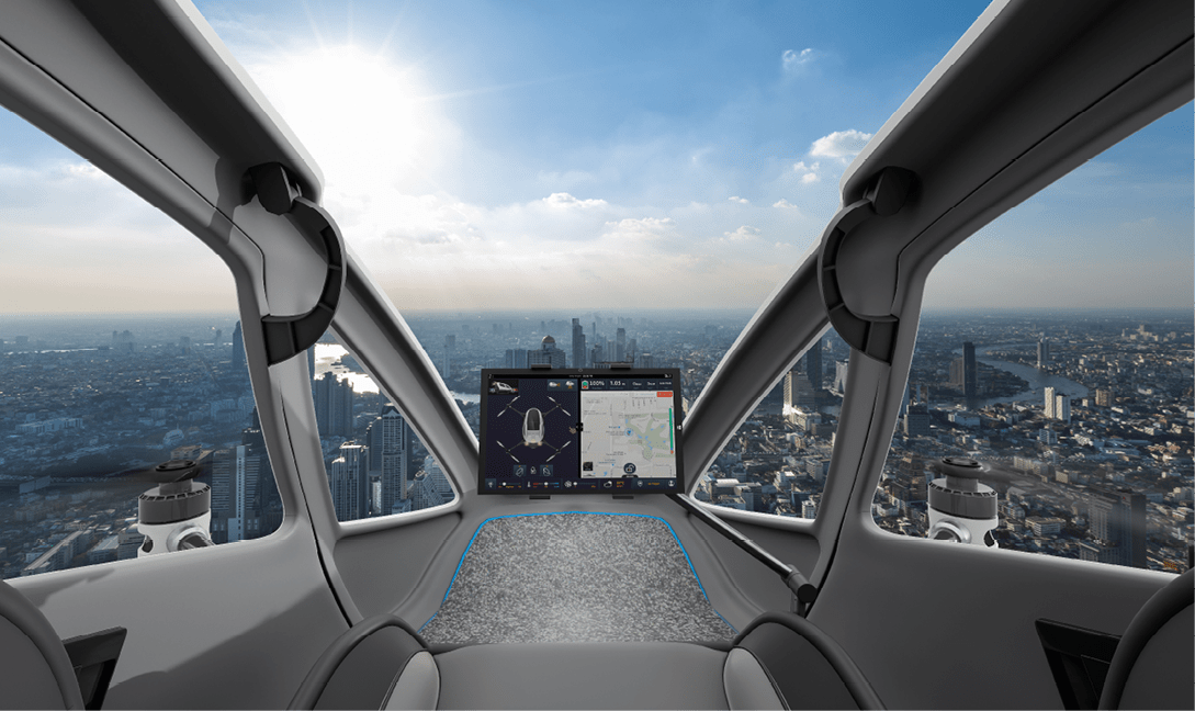 Autonomous driverless aerial vehicle flying on city background, Future transportation with 5G technology concept